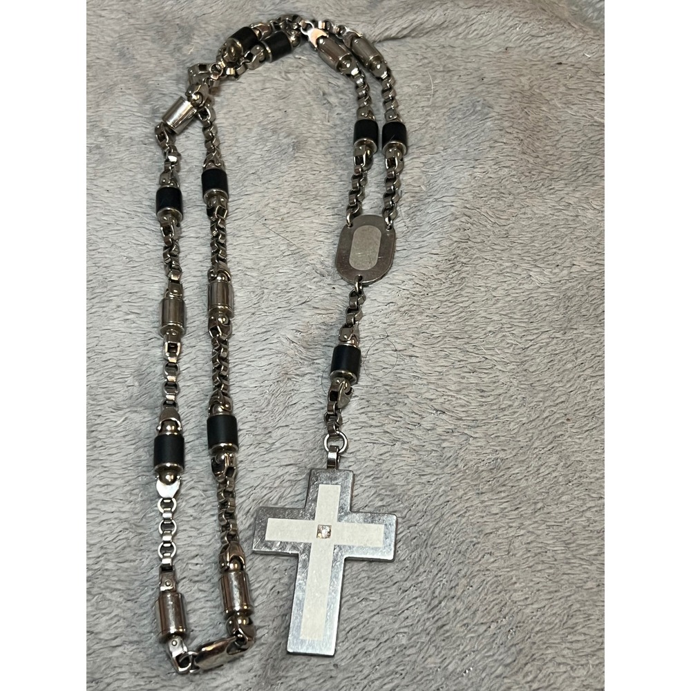 EDFORCE Stainless Steel Cross Pendant Necklace Black Accent Silver 162g 34